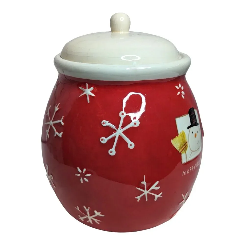 Hallmark Cookie Jar Canister‎ Merry Days Snowman Snowflakes Red White Holiday
